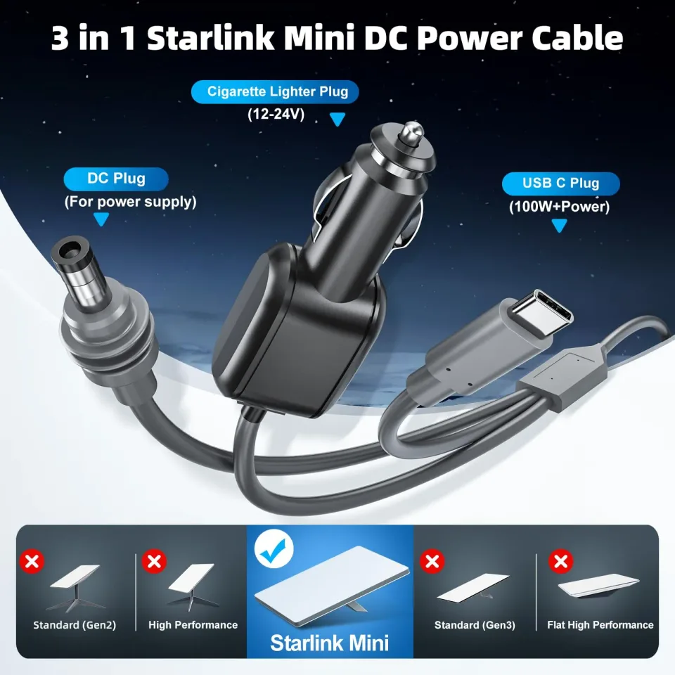 3 in 1 for Starlink Mini Cable 10FT/3M OR 16FT/5M, 18AWG Starlink Mini 100W High-Speed USB C/Car Charger/DC to DC Power Cable Starlink Mini Car Cigarette Lighter Replacement Waterproof Extension Cable Accessories - Wanew Products
