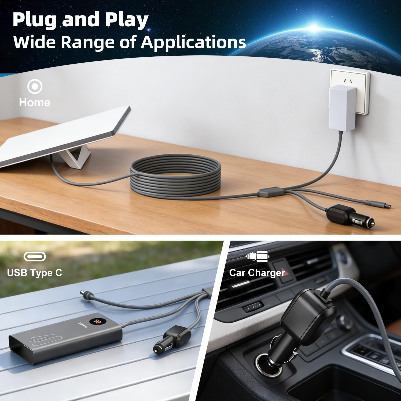 3 in 1 for Starlink Mini Cable 10FT/3M OR 16FT/5M, 18AWG Starlink Mini 100W High-Speed USB C/Car Charger/DC to DC Power Cable Starlink Mini Car Cigarette Lighter Replacement Waterproof Extension Cable Accessories - tejoy