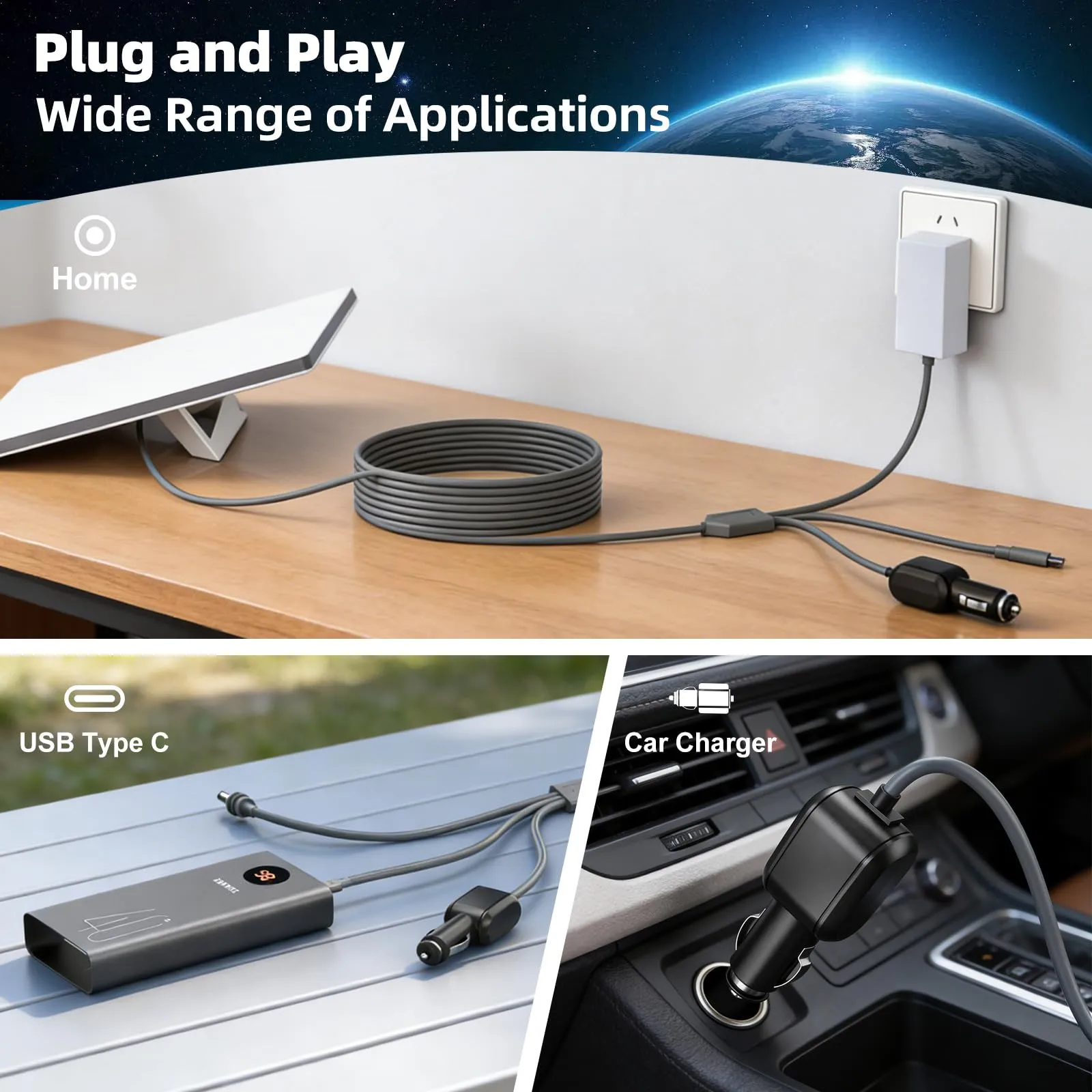 3 in 1 for Starlink Mini Cable 10FT/3M OR 16FT/5M, 18AWG Starlink Mini 100W High-Speed USB C/Car Charger/DC to DC Power Cable Starlink Mini Car Cigarette Lighter Replacement Waterproof Extension Cable Accessories