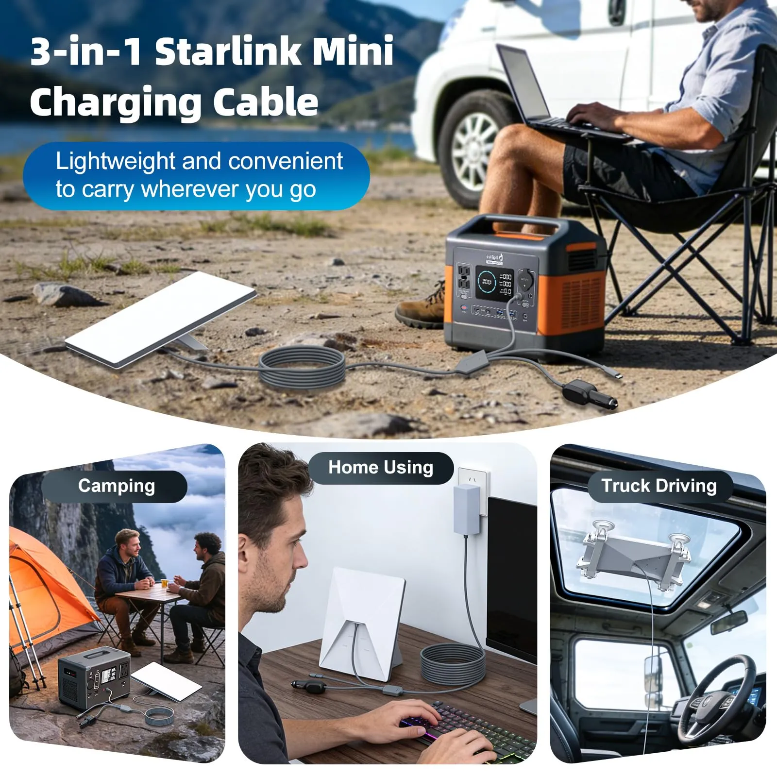 3 in 1 for Starlink Mini Cable 10FT/3M OR 16FT/5M, 18AWG Starlink Mini 100W High-Speed USB C/Car Charger/DC to DC Power Cable Starlink Mini Car Cigarette Lighter Replacement Waterproof Extension Cable Accessories