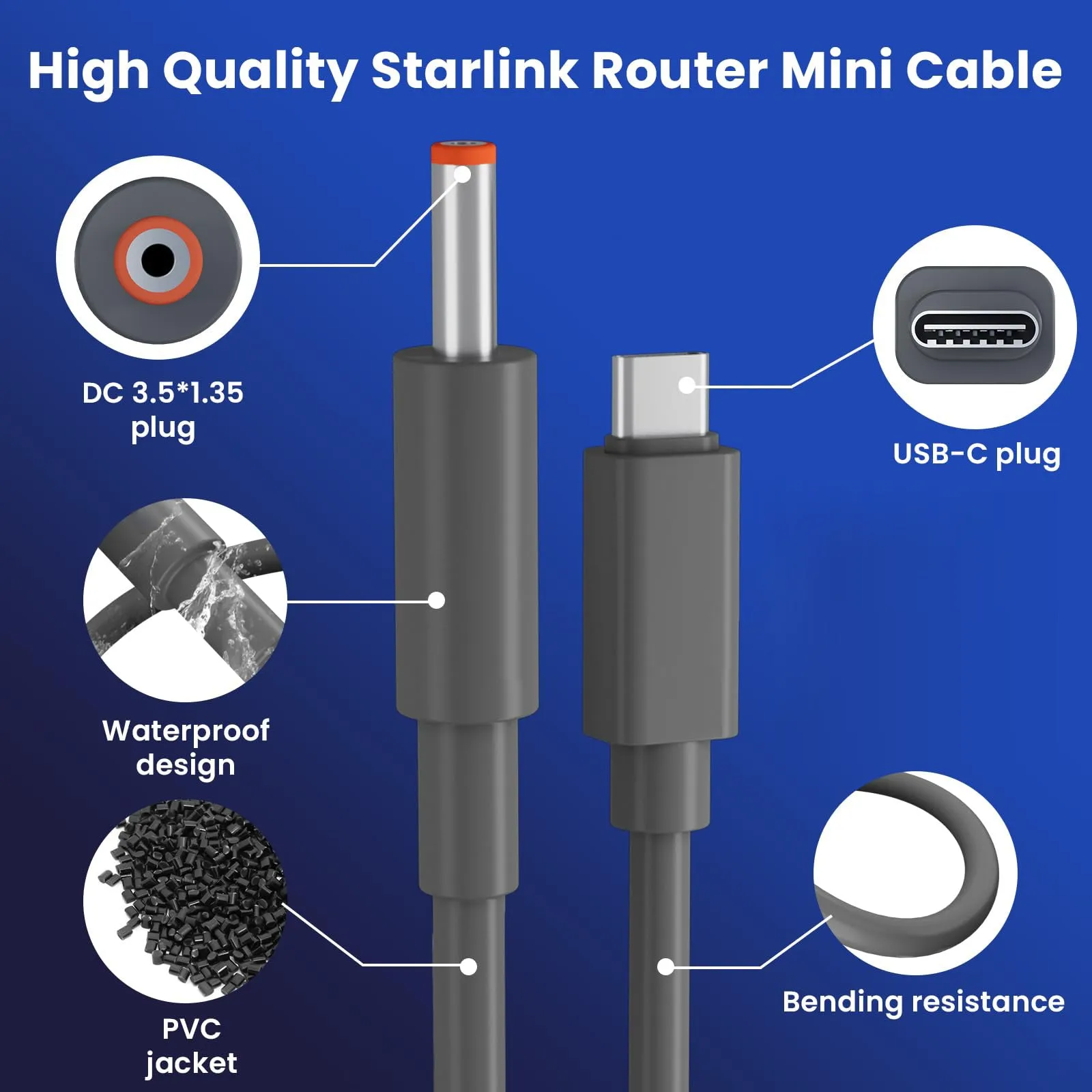 For Starlink Router Mini Cable 2 Pack (1FT 6.5FT) USB C to DC Power Cable Compatible with Mini Router, Plug and Play PD 9V Compatible Replacement for Starlink Internet Kit