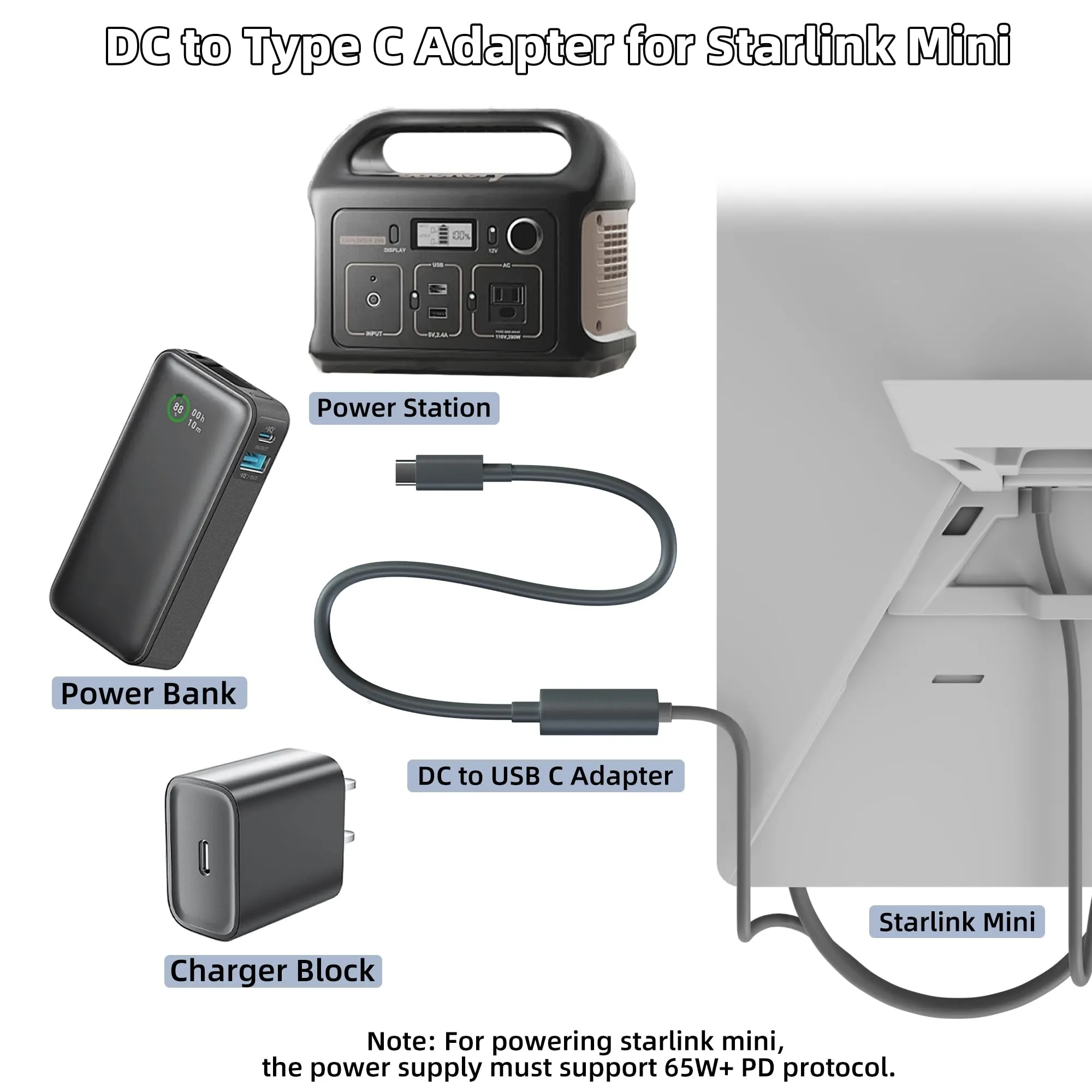 For Starlink Mini Type C to DC Adapter Waterproof Compatible with Original Starlink Mini USB C Power Cable 65W+ PD Source DC Power Adapter