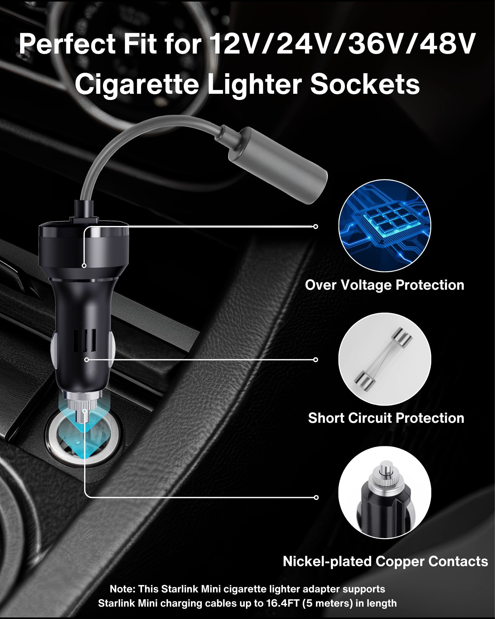 Car Charger to DC Female Adapter Cable for Starlink Mini, 12~48V Cigarette Lighter to DC Power Cable, 36W Output Stable Power Supply for Car, Truck, RV, Boat - 19AWG Durable Construction - tejoy