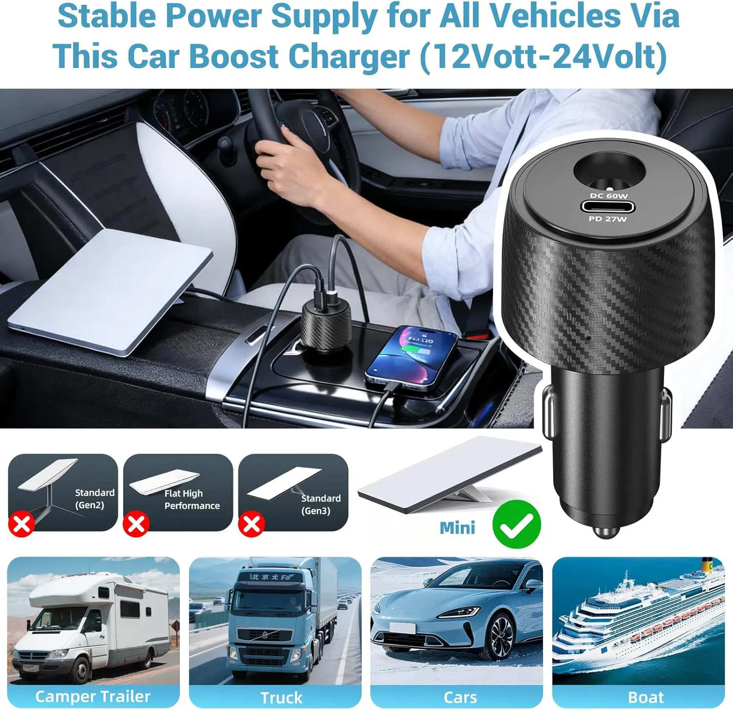 Starlink Mini car adapter, 12V to 24V step-up converter, cigarette lighter adapter, Starlink Mini power supply, 60W DC booster
